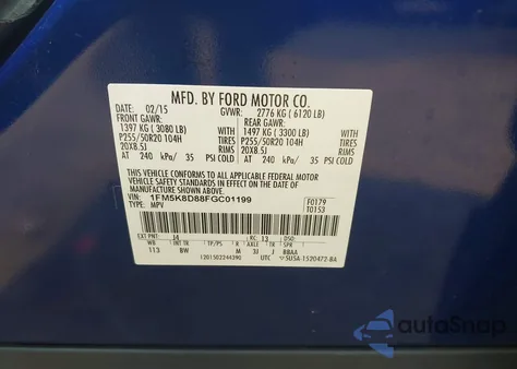 2015 Ford Explorer Xlt из США, поврежденный, VIN 1FM5K8D88FGC01199